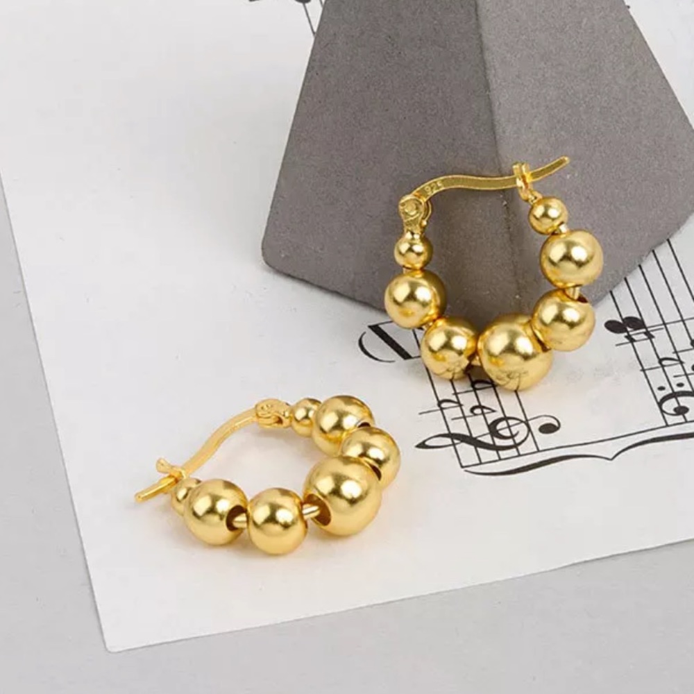 NEW GOLD ROUND BEADS HOOP EARRINGS, NICE EARRINGS, CUTE EARRINGS